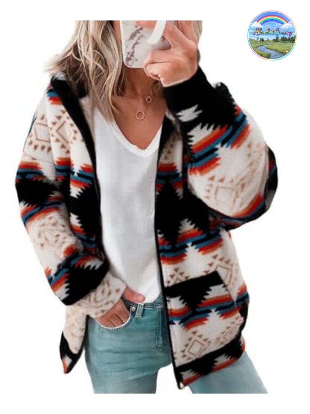 Womens Sherpa Fleece Hoodie Zip Up Aztec Print Long Sleeve